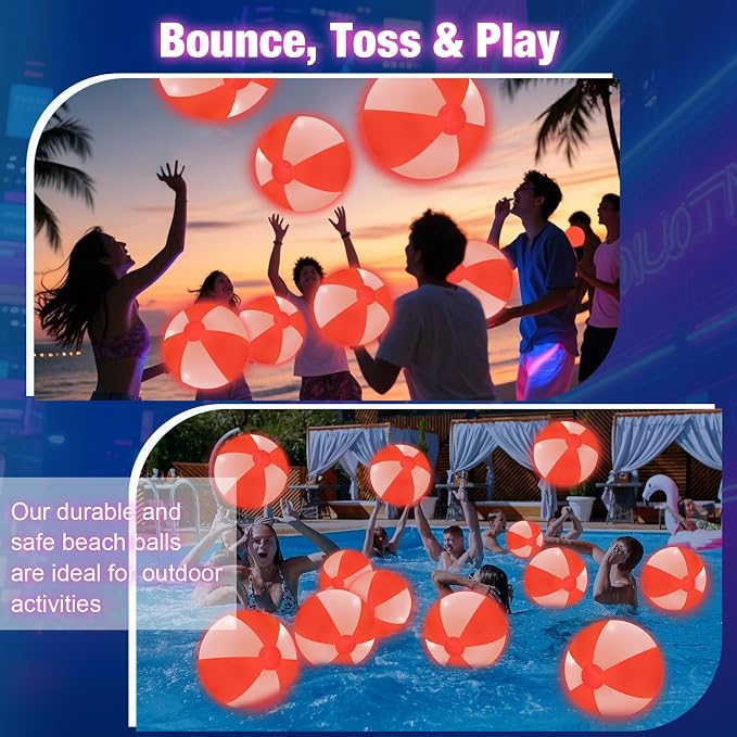 MiniInflat 12 Pcs Light up Beach Balls 16'' Jumbo Pool LED Balls Glow in the Dark Neon Giant Inflatable for Summer Hawaiian Tropical Theme Beach Party Decor Water Accessory (Red)