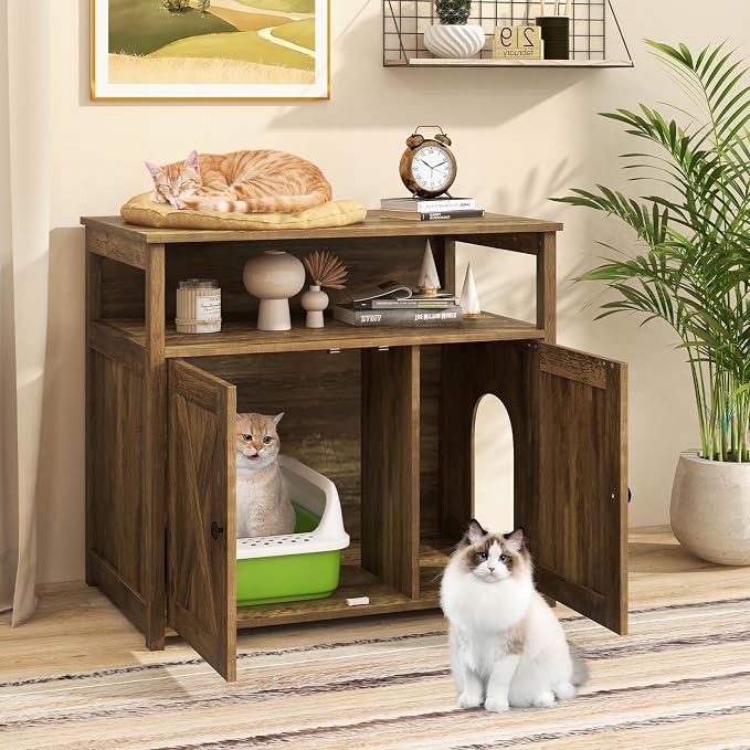 PETSITE Cat Litter Box Enclosure, Farmhouse Litterbox Enclosure Furniture with Double Doors and Open Shelf, Wooden Cat Hidden Litter Box Buffet Cabinet, Retro Style Litter Box Cabinet