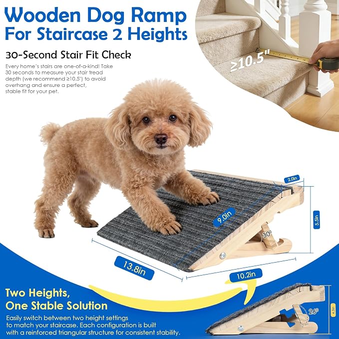 Dog Ramp for Stairs 2 Pack - Adjustable Solid Wood Stair Wedges for Small & Senior Dogs, Foldable Indoor Pet Ramp with 2 Heights (4.2"/5.1"), Triangular Support & Non-Slip Carpet, No Assembly (13.7"L)