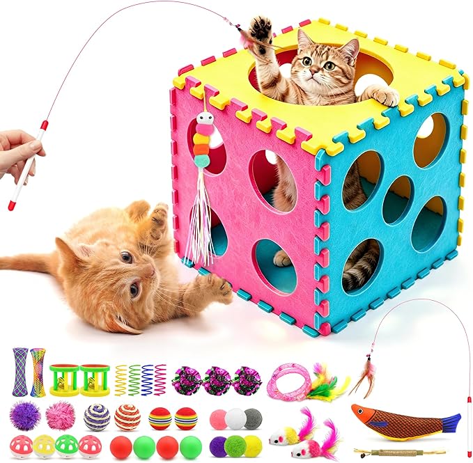 Interactive Cat Toys for Indoor Cats, 39Pcs Kitten Toys with Feather Wand, Catnip Toys, Cat Balls, Springs and Silvervine Sticks for Bored Cats