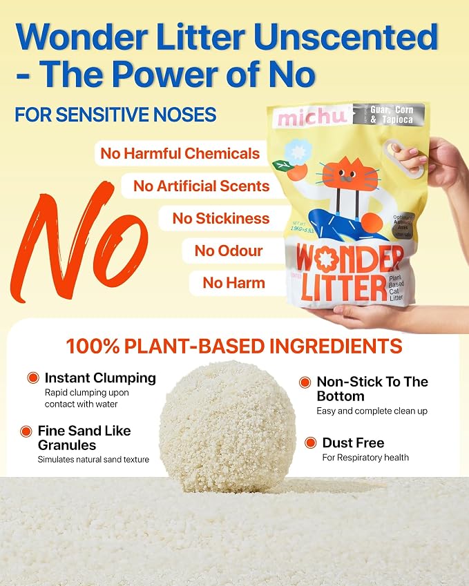Michu Wonder Cat Litter, Cassava Plant-Based Cat Litter, Automatic Litter Box Friendly, Flushable & Fast Clumping, Low Dust Odor Control, 5.5lb/88oz - Unscented 3 Pack
