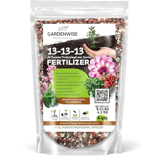 Gardenwise 13-13-13 Slow Release Granular Fertilizer – All Purpose Plant Food 13 13 13 for Outdoor Grass, Vegetables, Roses, Flowers, Shrubs, Trees. Lawns, Gardens, Potted Plants (4 quarts)