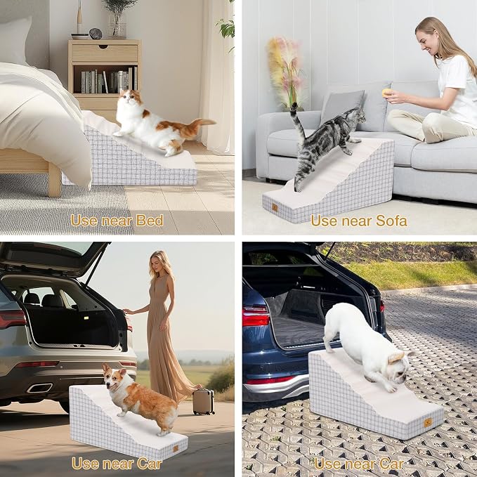 Pets Ramp for High Beds, Small Dogs & Senior Cats - Non-Slip Texture & Machine Washable Cover - Supportive Foam for Joint Comfort, Easy Climb for Couch, Sofa, Furniture (Beige)