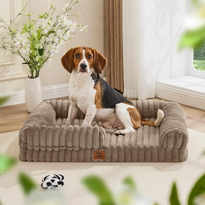 Orthopedic Dog Bed for Large Dogs, Washable Dog Bed with Faux Rabbit Fur Waterproof Cover, High Density Egg Crate Foam Support with 3-Sided Bolsters for Senior Dogs, Non-Skid Bottom,35x28x7, Taupe