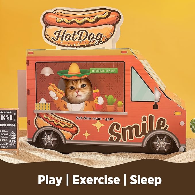 SMILE PAWS Cat Beds for Indoor Cats, Cardboard Cat House with Scratchers, Hot Dog Truck, Large Sturdy Cat Furniture Condo Cave Tent, Easy to Assemble Pet Toys Accessories Stuffs, Bunny Small Animals