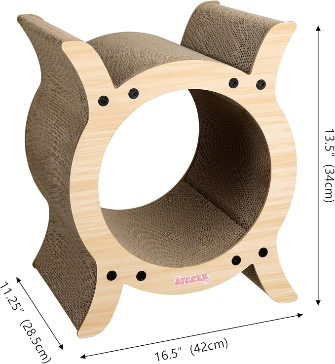 Nyan 16.5" Modern Cardboard Tunnel Cat Scratcher House with Catnip, Corrugated Indoor Cat Hideaway Den, Oak Wood Pattern Scratching Surface for All Cats CSR1007I