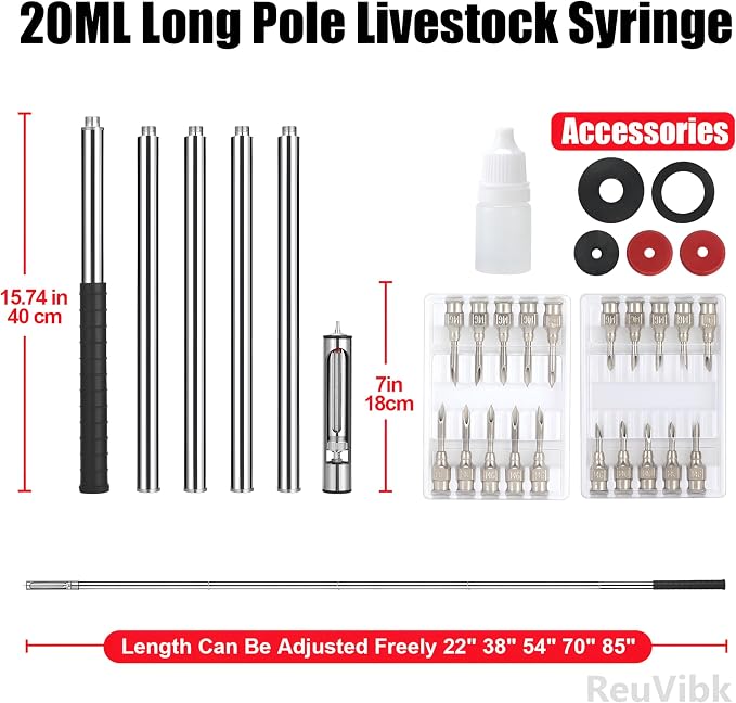 20 ML Livestock Iong Shot Pole Syringe, Cattle Syringe Gun | Length Can Be Adjusted Freely 24"40"56"68"87", Remote Safe Operation for Cattle Horses Large Animals