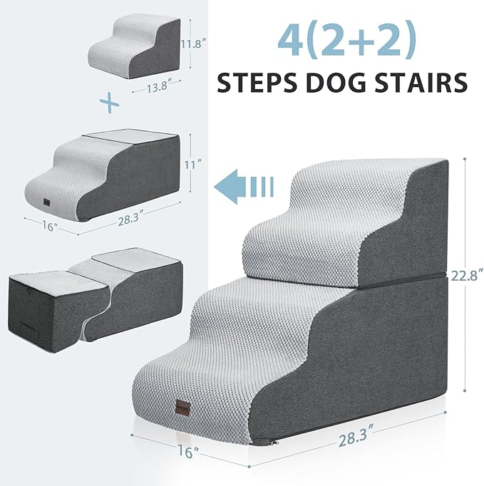 Garnpet Dog Stairs for High Beds, 4-Step Dog Steps for Small Dogs and Cats, Foldable Pet Stairs for High Bed Climbing, Non-Slip Balanced Pet Step Indoor, Light Grey