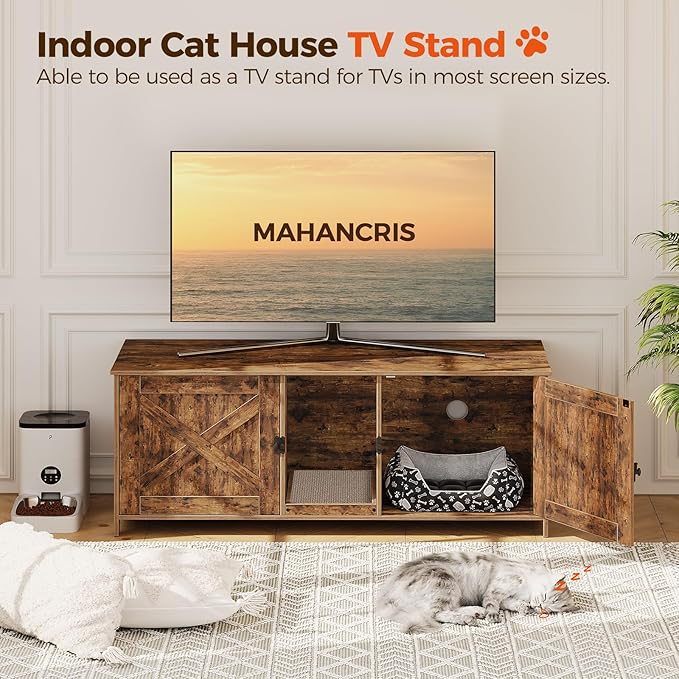 MAHANCRIS Cat Litter Box Enclosure for 2 Cats, 47.2" Hidden Litter Box Furniture with Double Room, Wooden Cat Washroom with Scratching Board, Indoor Cats House End Table, Rustic Brown CWHR1201