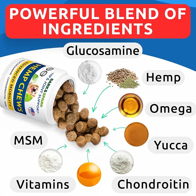 Hemp Hip & Joint Supplement for Dogs - Glucosamine for Dogs - Dog Joint Pain Relief Treats - Chondroitin, MSM - Mobility & Flexibility Support - Advanced Joint Care & Health - Made in USA (180Ct)