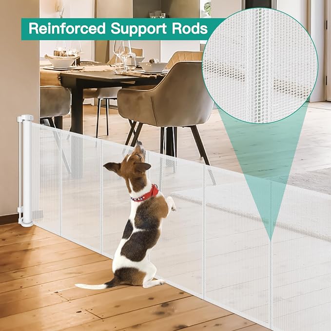 24 Inch Tall x 110 Inch Extra Wide Retractable Dog Gate for The House, Short Baby Gate to Step Over, Reinforced Mesh Puppy Gate for Doorways, Step Over Pet Gate for Stairs, Indoor/Outdoor, White