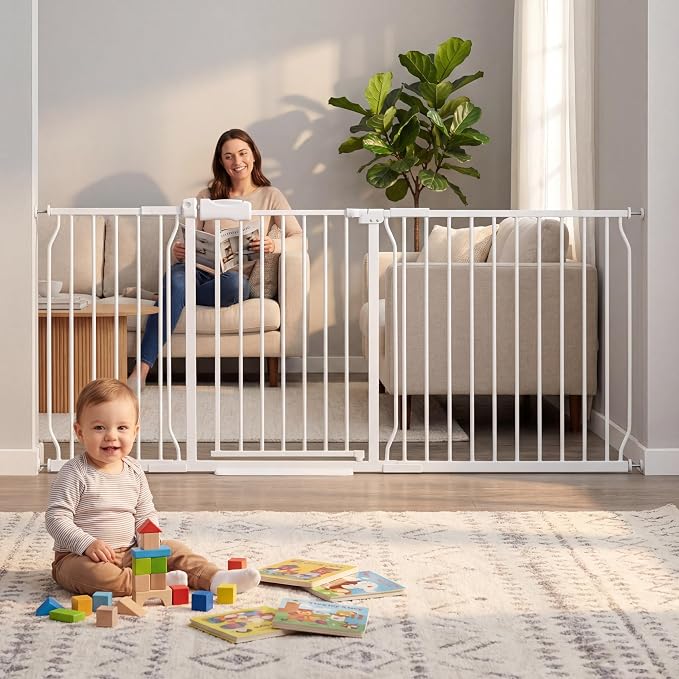 HOOEN Extra Wide Baby Gate for Doorways Stairs White Pressure Mounted Baby Gate Walk Through Child Gates for Kids or Pets Indoor Safety Gates 71.5-76.38 Inch