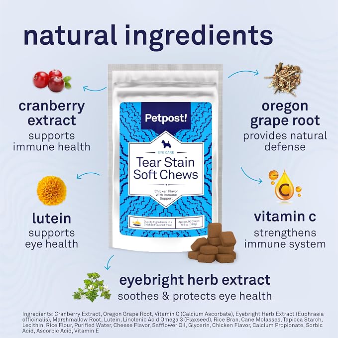 Petpost Tear Stain Remover Soft Chews for Dogs | 90 Count Chicken Flavor Dog Tear Stain Support Supplement | Gentle Eye Care for White Dogs & Light Breeds | Tylosin Free, Made in USA