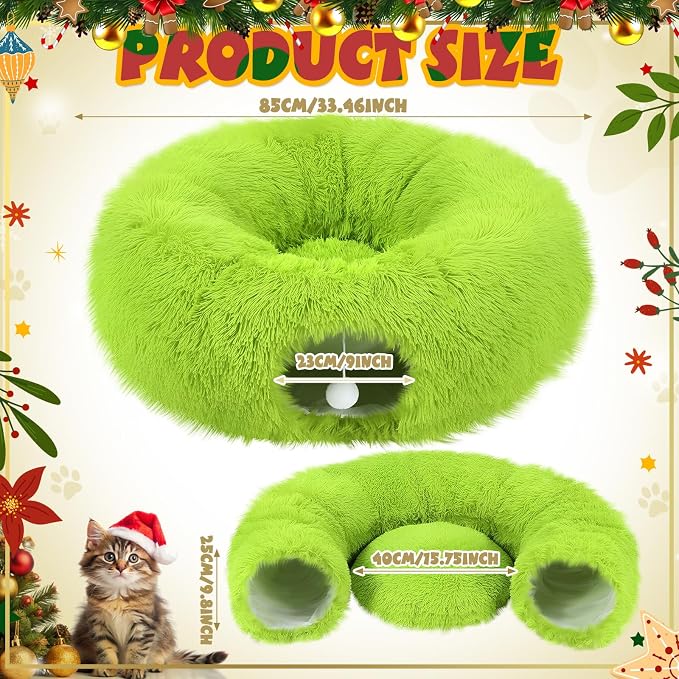 Thyle Christmas Cat Tunnel Bed Under Christmas Tree for Indoor Cats Xmas Pet Donut Tunnel with Cushion Foldable Round Pet Toy for Small Animals Kitten(3ft X 3ft X 9.8in,Green,Plush)