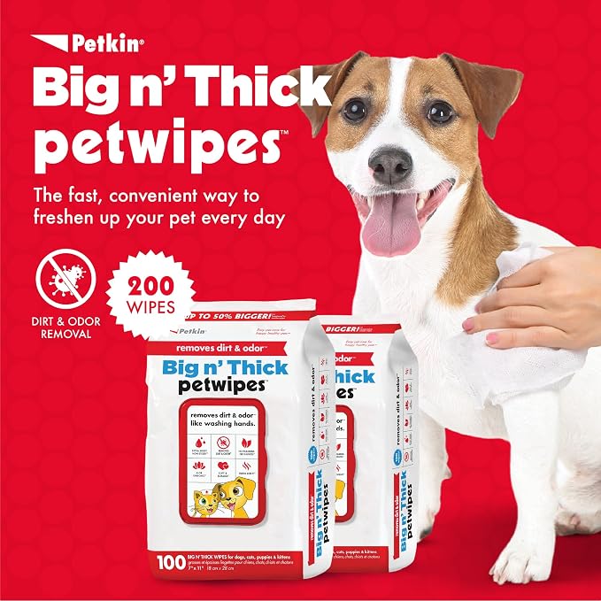 Petkin Pet Wipes for Dogs and Cats, 200 Large Wipes - Removes Dirt & Odor Like Washing Hands - Cleans Ears, Face, Butt, Eyes Area - Convenient, Ideal for Home or Travel - 2 Packs of 100 Wipes