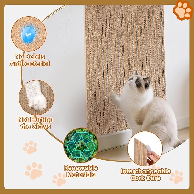 Natural Cork Cat Scratch Ardboard for Cats 2 Pack-Cat Scratcher Pads Indoor-Wall Cat Scratchers-Cat Scratcher Furniture Protector-Carpets Scratching Posts-Stretching-No Mess Splinters Easy Clean