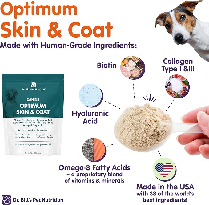 Dr. Bill's Canine Optimum Skin & Coat – Reduces Shedding, Itching, Dry Skin – Allergy Relief for Healthy Fur - Omega 3, Collagen, Biotin & Hyaluronic Acid – 340g Vet-Recommended Dog Supplement