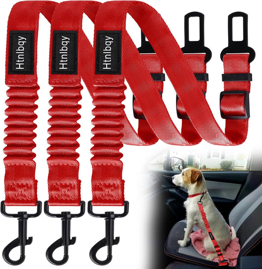 3 Pack Thickened Dog Seat Belt Adjustable Dog Car Seatbelts for Vehicle Nylon Pet Safety Seat Belt with Elastic Bungee Buffer Durable Car Harness for Dogs,Red