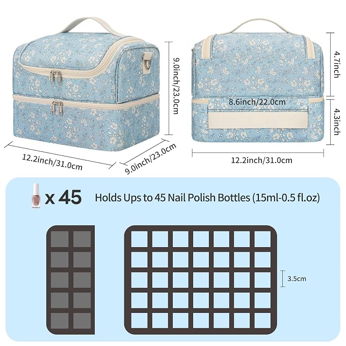 CUBETASTIC Nail Polish Organizer, Nail Supplies Storage Case Holds 45 Bottles Nail Polish & Nail Lamp, Travel Nail Tech Carrying Bag, Nail Kit Bag For Nail Stuff & Manicure Tools