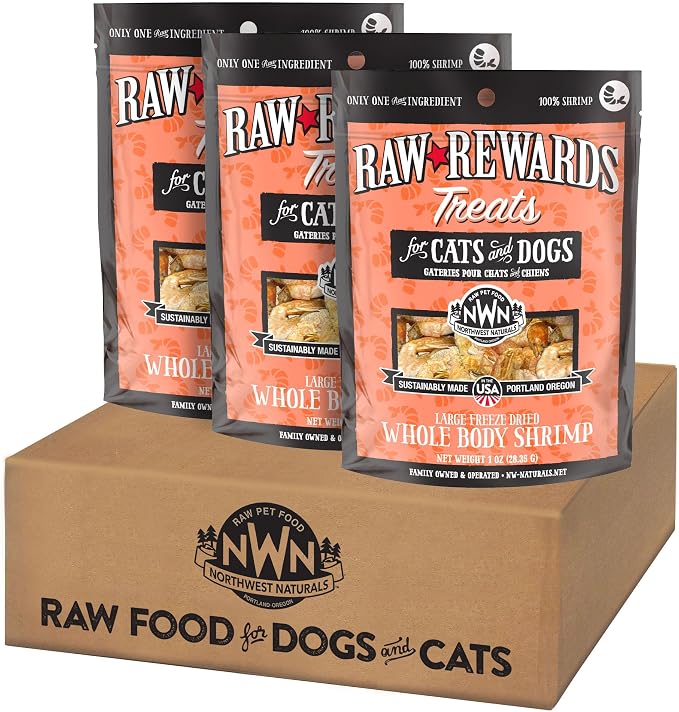 Northwest Naturals Raw Rewards Freeze-Dried Shrimp Treats for Dogs and Cats - Bite-Sized Pieces - Healthy, 1 Ingredient, Human Grade Ingredients, All Natural, Proudly Made in USA, 1 Oz (Pack of 3)