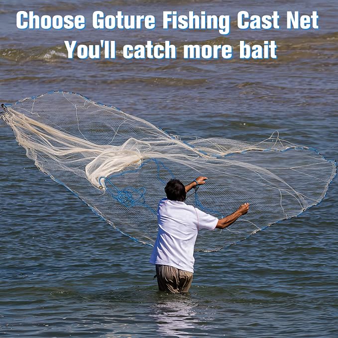 Goture American Fishing Cast Net,Casting Nets Freshwater Saltwater for Bait Fish Shrimp Trap 3ft/4ft/6ft/7ft/8ft/10ft/12ft Radius 1/4 3/8inch Mesh Size,Throw Fishing Castnet with Needle Shuttle