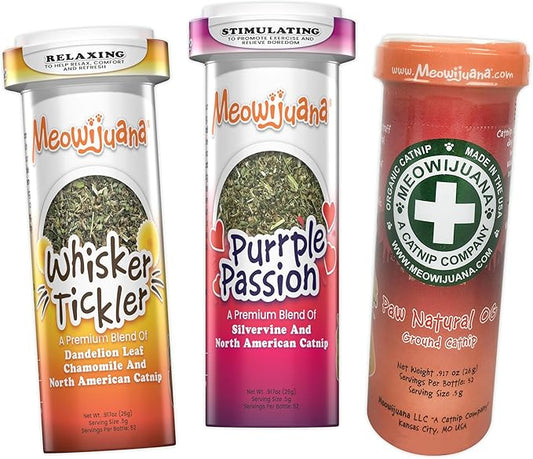 Meowijuana Purr-Effect Trio Pack | Purrple Passion, Whisker Tickler and Paw Natural OG Catnip Blends | Large Bottle High Potency Blends | Premium Hand Harvested North American Catnip