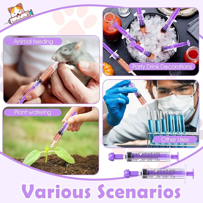 TrelaCo 100 Pack 5ml Syringes with Caps, Colored Plastic Measuring Syringe for Liquid, Pet Feeding, DIY, Party, Craft, Individually Sealed and Wrapped(Purple)