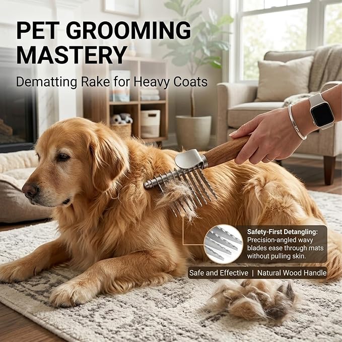 Dog Slicker Brush for Goldendoodles & Poodles - 3-in-1 Dematting Kit with Long Pin Slicker Brush & Dematting Comb - Deep Grooming Tool for Long Haired, Curly Coats, Wooden Handle, Natural