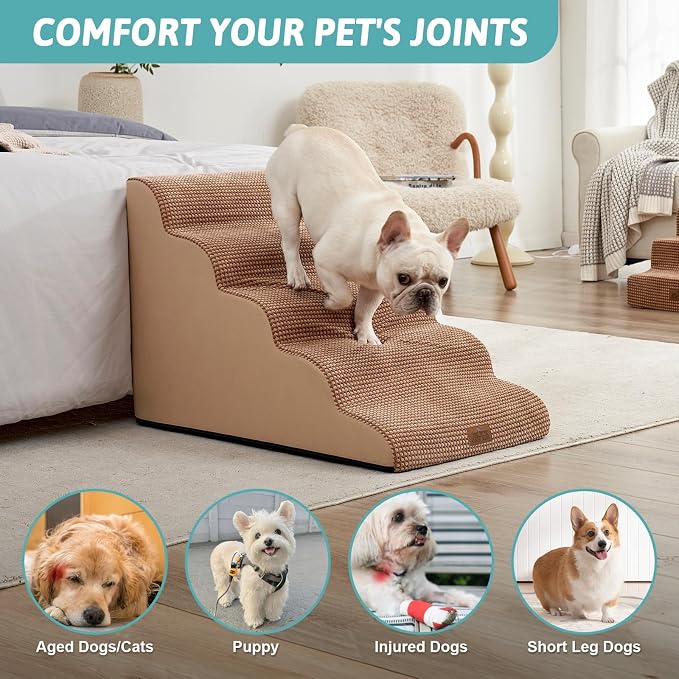 COZY KISS Extra Wide Dog Stairs 19.7" Width, Pet Step for Small/Medium/Large Dog, Puppy or Cat, Pet Ramp for High Bed or Car, High Density Foam Ladder, 19.7x33x22.4 in, Stable, 5 Step, Light Brown