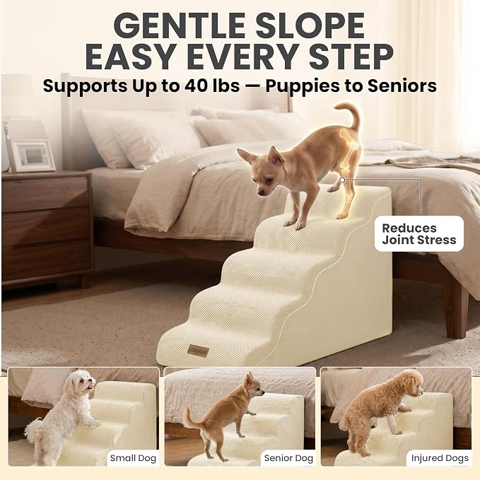 Dog Stairs for High Beds, Extra Tall 24.5" 5-Step Pet Steps for Medium & Small Dogs, Foam Ramp for Tall Couch & Bed, Washable Cover - Dog Steps for Bed