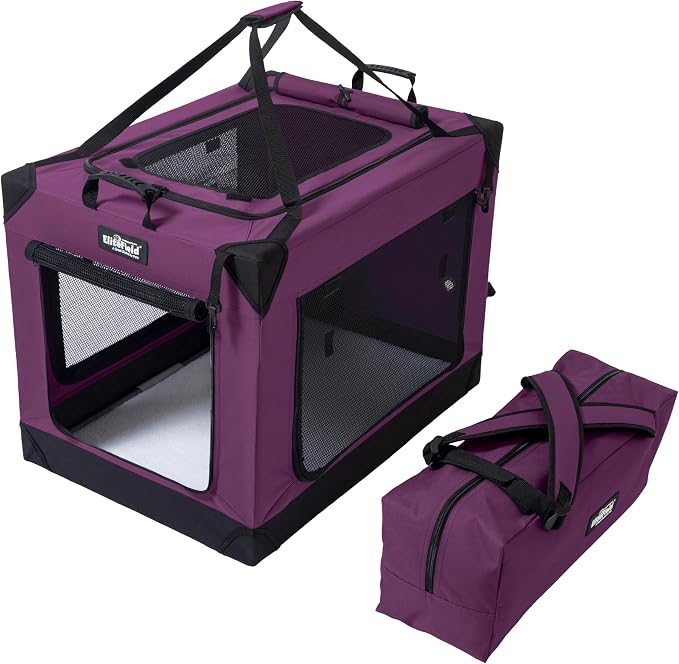 EliteField 4-Door Folding Soft Dog Crate (2-Year Warranty) with Aluminum Frame, Top Curtain, Carrying Bag, and Fleece Bed, Indoor & Outdoor Pet Home (36" L x 25" W x 26" H, Purple)