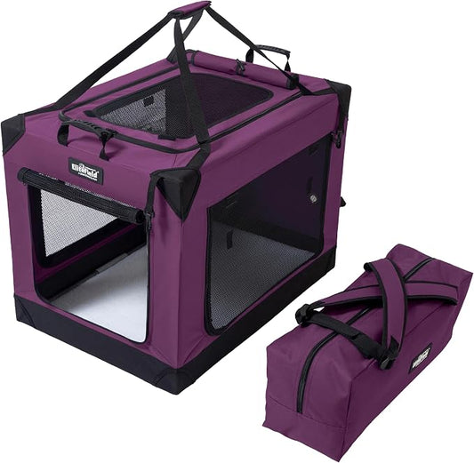 EliteField 4-Door Folding Soft Dog Crate (2-Year Warranty) with Aluminum Frame, Top Curtain, Carrying Bag, and Fleece Bed, Indoor & Outdoor Pet Home (36" L x 25" W x 26" H, Purple)