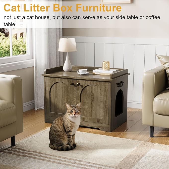 Cat Litter Box Enclosure, Hidden Litter Box Furniture with 2 Door, Pet House Fit Most of Litter Box, Dark Oak Gray