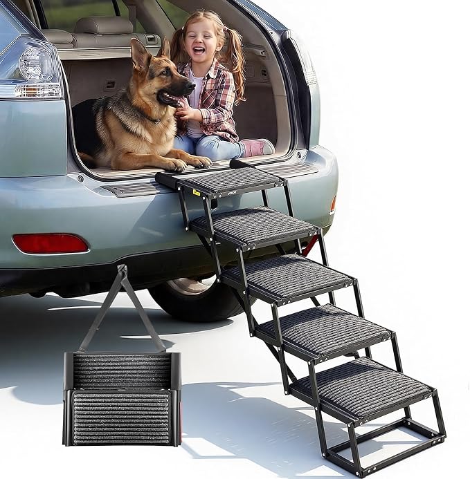 VEVOR Dog Stairs for Car, 5 Steps Extra Wide Foldable Dog Ramp for Large Dogs with Non-Slip Rug Surface, Portable Lightweight Pet Ladder for Car, SUV, Truck, High Beds, Sofas, Support up to 200 lbs
