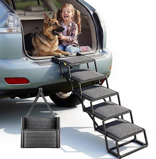 VEVOR Dog Stairs for Car, 5 Steps Extra Wide Foldable Dog Ramp for Large Dogs with Non-Slip Rug Surface, Portable Lightweight Pet Ladder for Car, SUV, Truck, High Beds, Sofas, Support up to 200 lbs