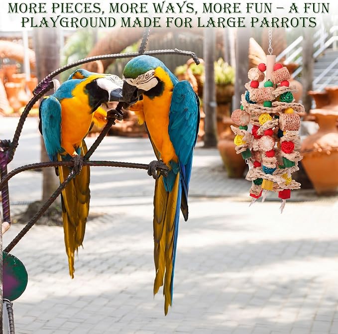 Soulchen 6 Pcs Extra Large Bird Parrot Toy Set Natural Wooden Chewing Toy, Rattan Ball, Wood Nut Loofah String (Bagged) for Large Macaws, African Grey, Amazon Parrots (Natural Wood)