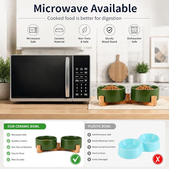 Petygooing Ceramic Dog Cat Bowl Set with Stand, Pet Food and Water Dishes,Medium Pet Bowl Anti -Slip Set of 2 Cat Dish-Pet Food Bowls Small Medium Size Dog (28OZ/6.1 in) Rust Green