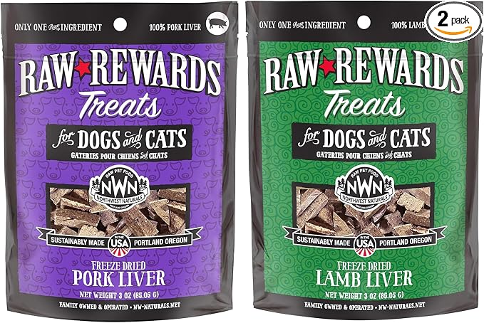Northwest Naturals Raw Rewards Freeze-Dried Treats - Pork Liver (3 oz) & Lamb Liver (3 oz) Treats for Dogs & Cats - Healthy, 1 Ingredient, Human Grade Ingredients, All Natural