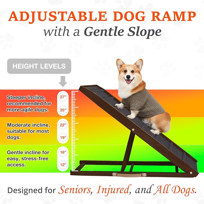 Adjustable Dog Ramp for Bed - 48" Long Foldable Wooden Ramp for Dogs to Get on Bed, Couch, or Car with 16.5" Wide Walking Space (Walnut Wood with Gray Carpet)