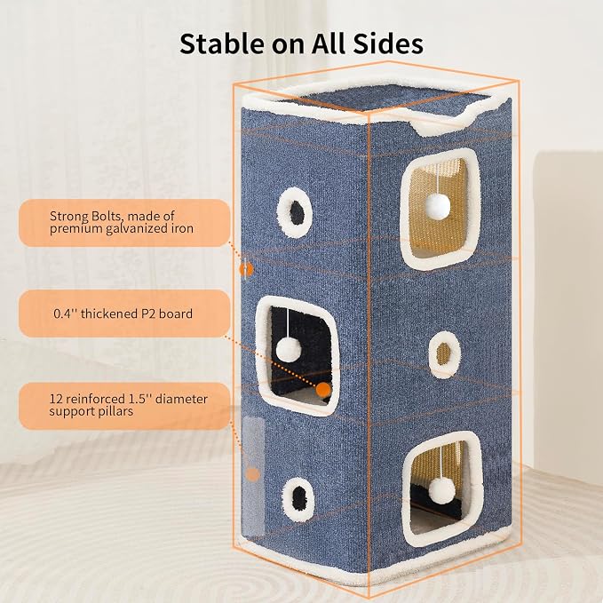 Cat House, Cat Beds for Indoor Cats, 3-Story Cat Condo Cube with Scratch Pad and Fluffy Ball Hanging, Multi-Level Cozy Hideout Center Ideal for Small/Medium Cats