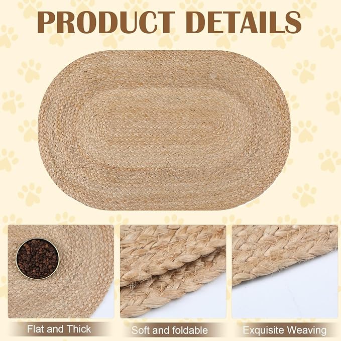 Tinideya Braided Jute Dog Bowl Mat 31 x 20 Inch Pet Food Rustic Mat Natural Cat Placemats for Food and Water Dish Oval Rug Non Toxic Feeding Mats for Pet Bowl or Farmhouse Decor