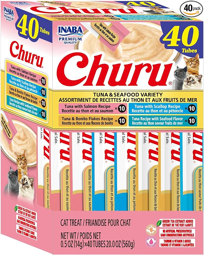 INABA Churu Cat Treats, Lickable, Squeezable Creamy Purée Cat Treat with Green Tea Extract & Taurine, 0.5oz. Each Tube, 40 Tubes, Tuna & Seafood Variety