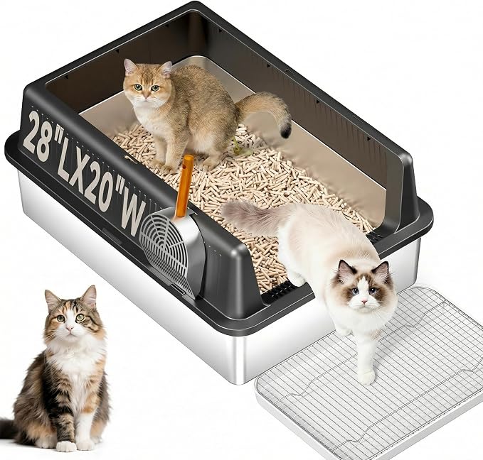 XXXL Stainless Steel Cat Litter Box with Lid (Black-B)