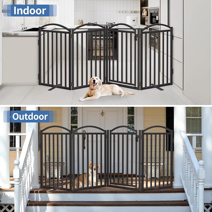 Malier Metal Freestanding Dog Gates with Door, 36'' Height Outdoor Indoor Dog Fences, Extra Wide Foldable Puppy Gate for Stairs (Black, 【4 Panels with Door】 80''W × 36''H)