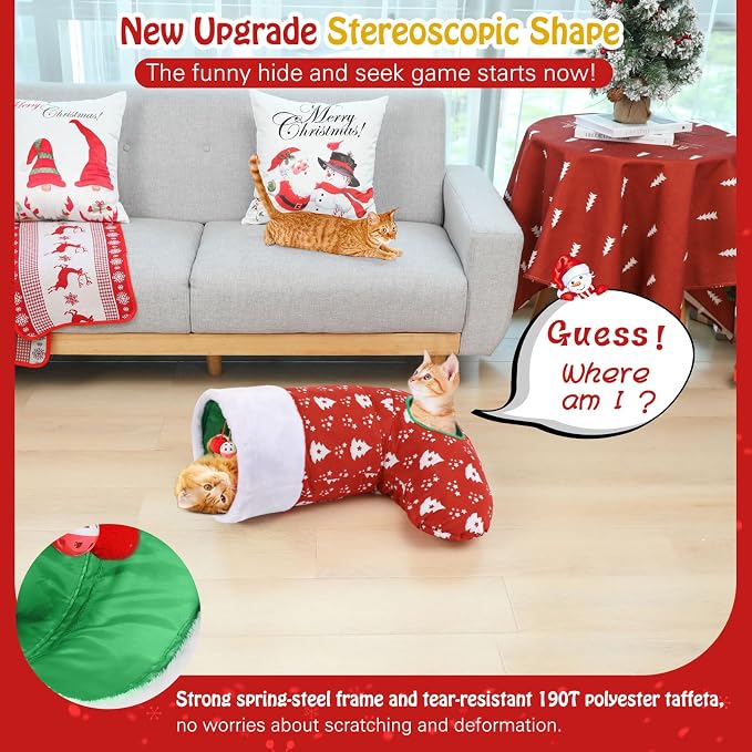 Pawaboo Cat Tunnel Christmas Sock with Bell Balls, Upgraded 2 Way Cat Tunnel Interactive Toy, Pet Xmas Stocking with Crinkle Paper & Strong Spring-Steel Frame for Cat Kitten Kitty, Red Christmas Tree