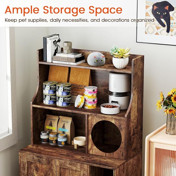 PETSITE Industrial Cat Litter Box Enclosure with Storage Shelves, 2-in-1 Wooden Hidden Litter Box Furniture with 3-Tier Open Shelf, 51-Inch Tall, Rustic Brown