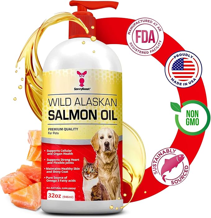SavvyBeast Wild Alaskan Salmon Oil for Dogs, Cats & Ferrets - Pet Supplement Omega-3 Oil with EPA & DHA - Wild Caught Fish Oil Supports Skin, Coat, Joints, Heart, Brain, Itch Relief & Immune - 32 oz