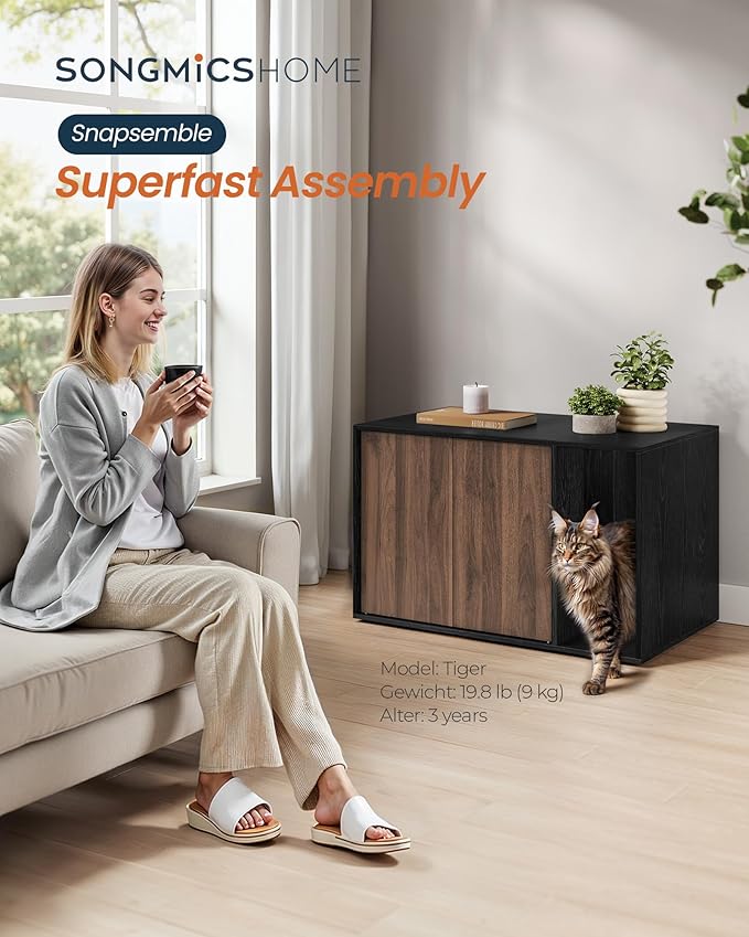 SONGMICS HOME Cat Litter Box Enclosure, Snapsemble Superfast Assembly, Litter Box Furniture for Large Cats, Display Side Table, Push-to-Open Doors, Ebony Black and Somber Walnut UPCL013BE01S