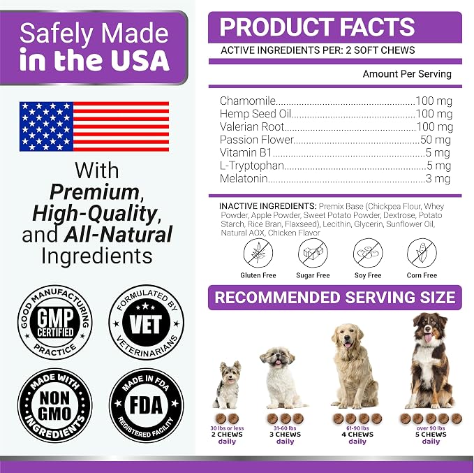 Melatonin for Dogs - 170 Melatonin Chews for Small and Large Dogs - Puppy Sleep Aid - Natural Calming Treats for Stress Anxiety Relief - Canine Sleeping Pills - Thunder, Fireworks, Chewing, Barking