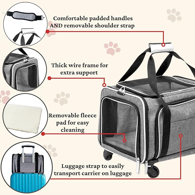 Ruff Life 101 Airline Approved Expandable Premium Pet Carrier on Wheels- Two Sided Expandable Rolling Carrier- Designed for Dogs & Cats- Extra Spacious Soft Lined Carrier! (Grey)